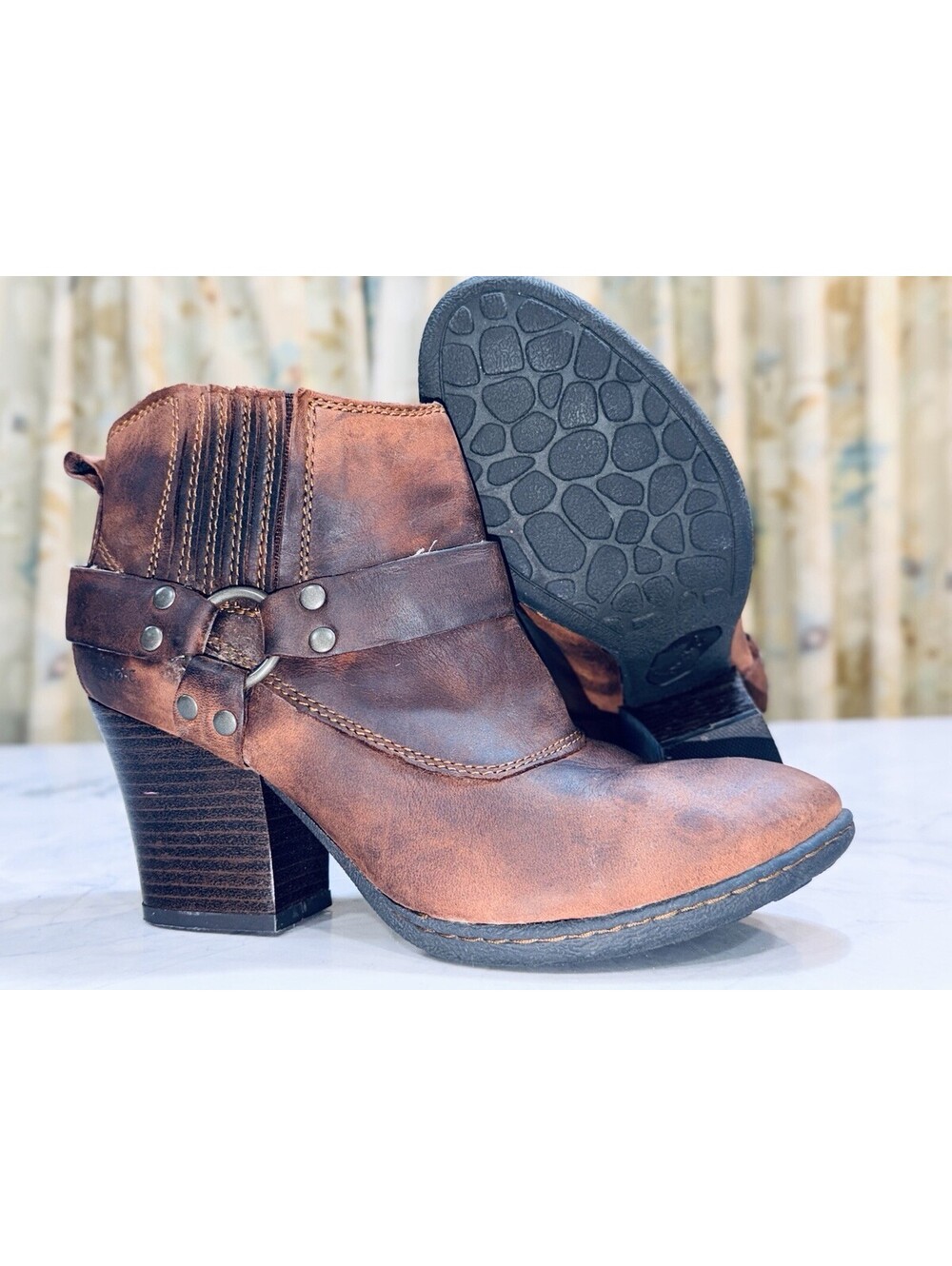 B.O.C. Born Concept Brown Leather Harness Ankle Boots Women’s 8 EU39 Block Heel